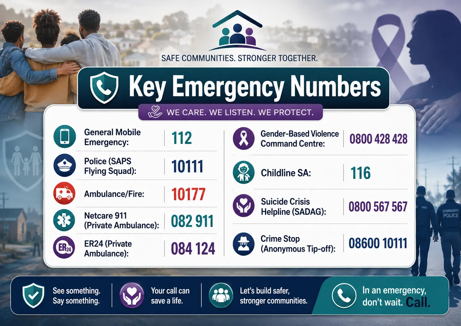 Key Emergency Numbers: General Mobile Emergency 112; Police (SAPS Flying Squad) 10111; Ambulance/Fire 10177; Netcare 911 082 911; ER24 084 124; Gender-Based Violence Command Centre 0800 428 428; Childline SA 116; Suicide Crisis Helpline (SADAG) 0800 567 567; Crime Stop 08600 10111.